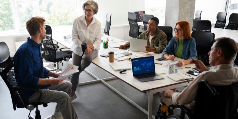a group of people sitting around a table